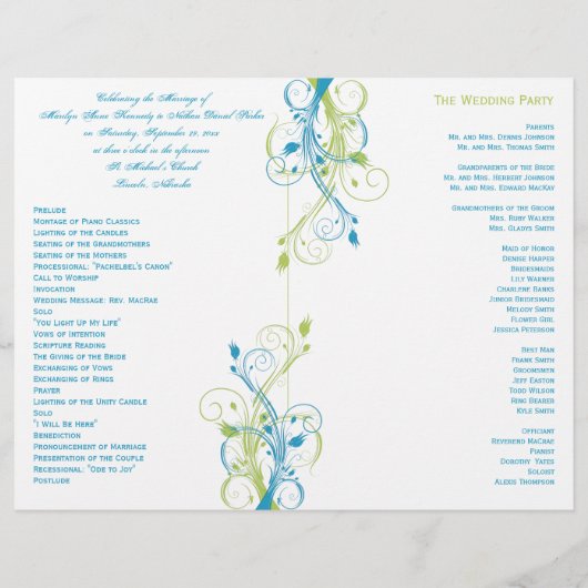 Programme de mariage floral turquoise, verte et bl (Dos)