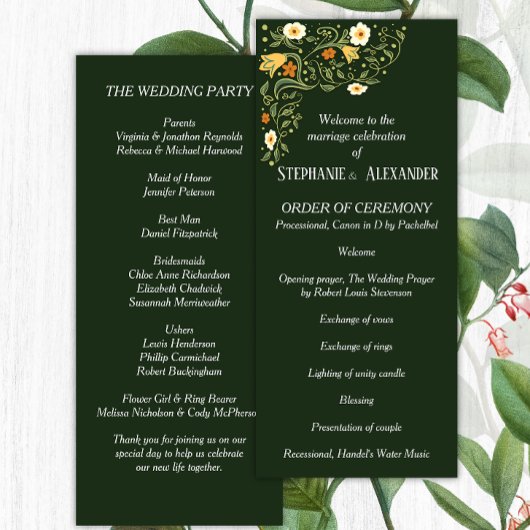 Programme de mariage floral vert
