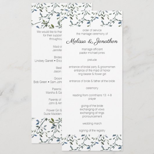 Programme de mariage floral vert argenté sage (Devant / Derrière)