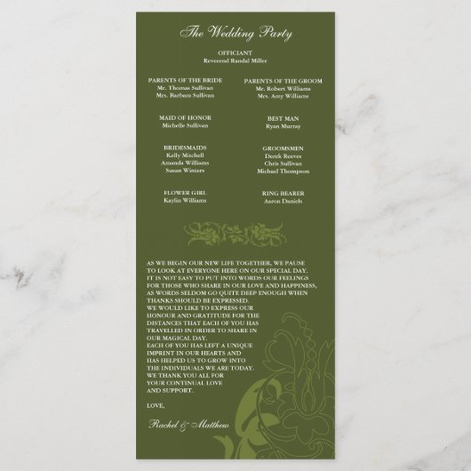 Programme de mariage floral vert d'olive (Dos)