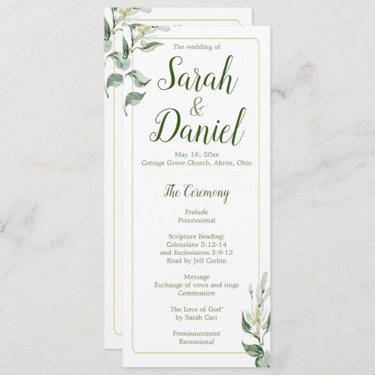 Programme de mariage floral vert, or et blanc (Devant / Derrière)