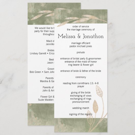 Programme de mariage floral vert sauge or (Devant / Derrière)