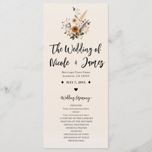 Programme de mariage floral vintage fleurs sauvage (Devant)