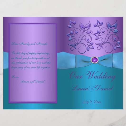 Programme de mariage floral violet et turquoise (Devant)