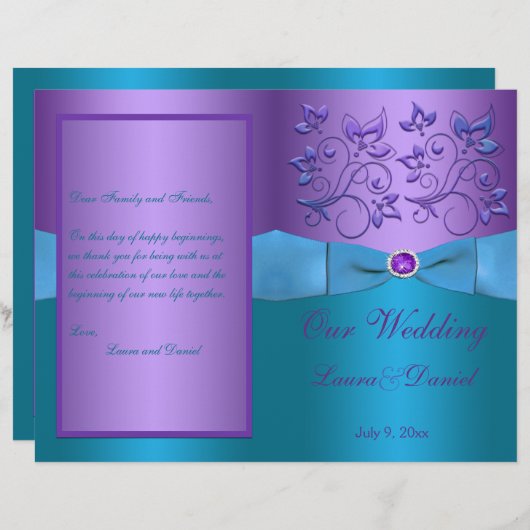 Programme de mariage floral violet et turquoise (Devant / Derrière)