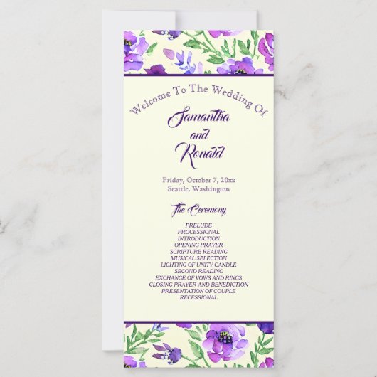 Programme de mariage floral violet et vert (Devant)