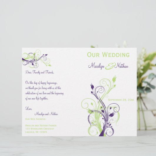 Programme de mariage floral violet, vert et blanc (Debout devant)