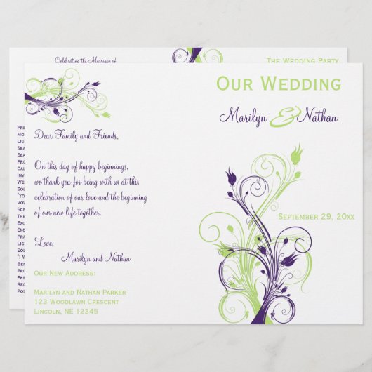 Programme de mariage floral violet, vert et blanc (Devant / Derrière)