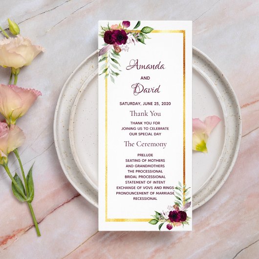 Programme de mariage floraux bordeaux or blanc boh