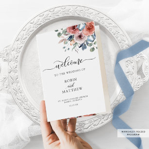 Programme de mariage flou et bleu floral plié