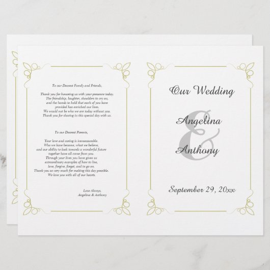 Programme de mariage formel Art déco vert d'olive  (Devant / Derrière)