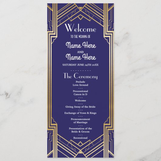 Programme de mariage Gatsby Navy & Gold Art Déco d (Devant)