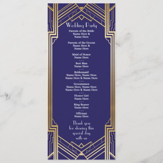 Programme de mariage Gatsby Navy & Gold Art Déco d (Dos)