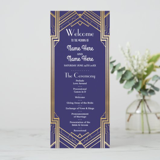 Programme de mariage Gatsby Navy & Gold Art Déco d (Debout devant)