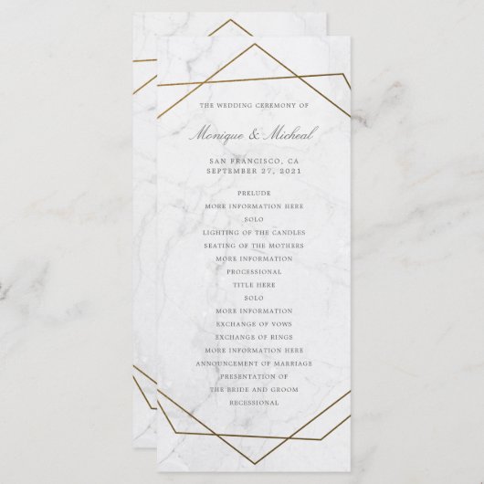 Programme de mariage géométrique Art Déco en marbr (Devant / Derrière)
