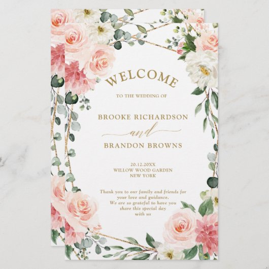 Programme de mariage géométrique rose floral (Devant / Derrière)