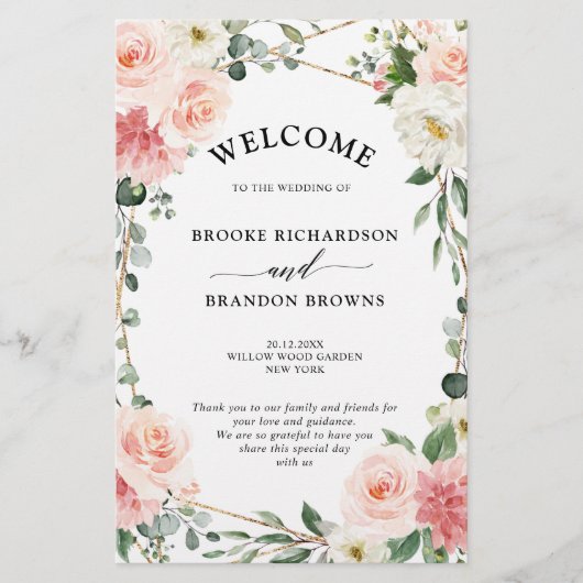Programme de mariage géométrique rose floral (Devant)