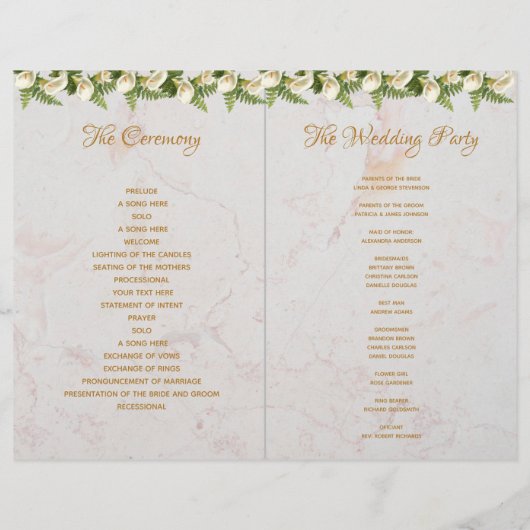Programme de mariage Gold Marbre blanc Calla Lilie (Dos)