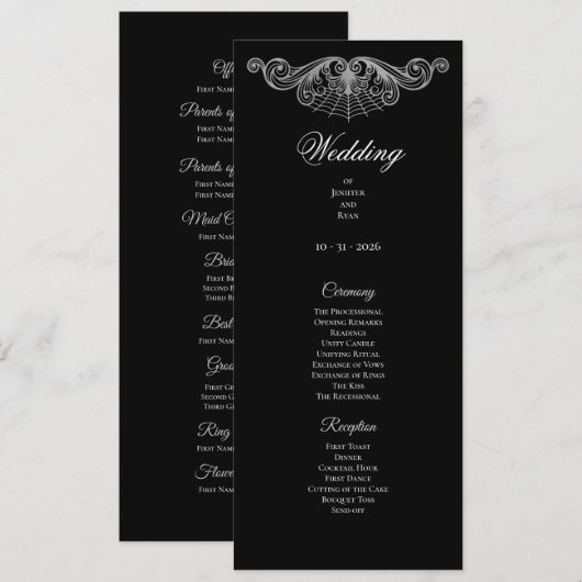 Programme de mariage gothique élégant noir et blan (Devant / Derrière)