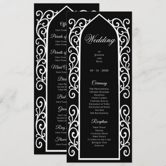Programme de mariage gothique noir et blanc orné (Devant / Derrière)