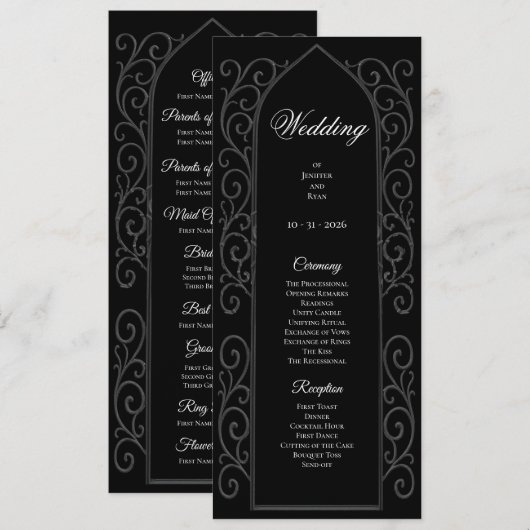 Programme de mariage gothique noir et blanc orné (Devant / Derrière)