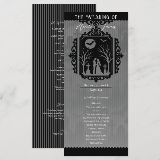Programme de mariage gothique noir et gris avec vœ (Devant / Derrière)