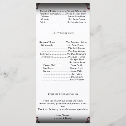 Programme de mariage gothique noir et rouge (Dos)