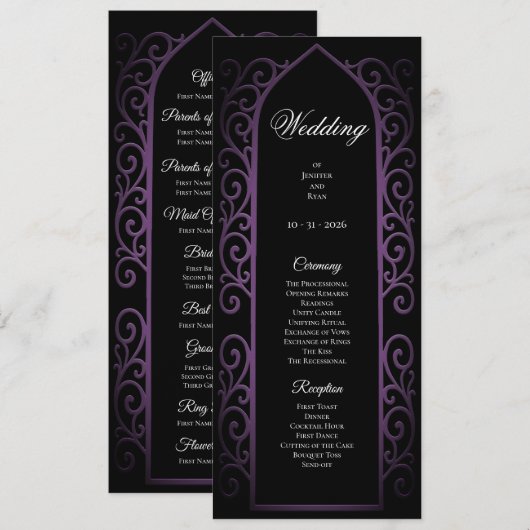 Programme de mariage gothique noir et violet orné (Devant / Derrière)