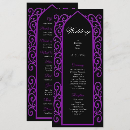 Programme de mariage gothique noir et violet orné (Devant / Derrière)