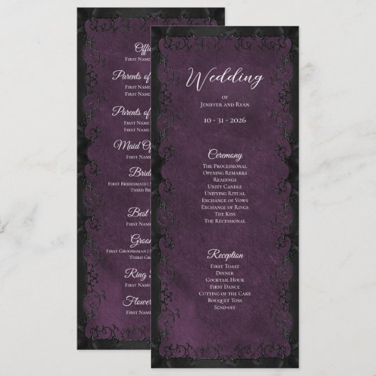 Programme de mariage gothique violet élégant (Devant / Derrière)