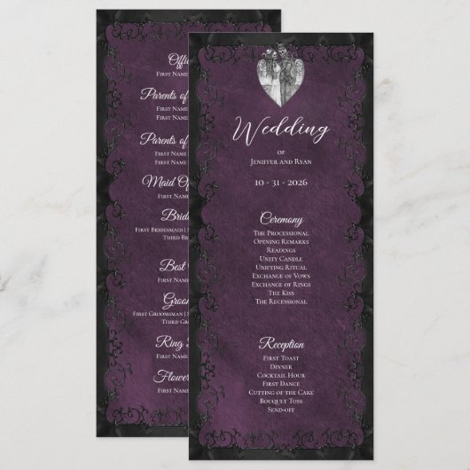 Programme de mariage gothique violet élégant (Devant / Derrière)