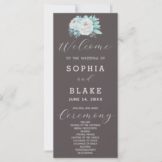 Programme de mariage gris cendré aux fleurs blanch (Devant)