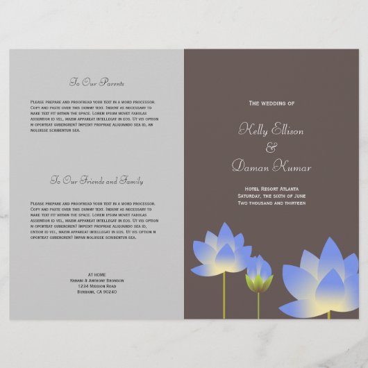 Programme de mariage gris moderne lotus bleu (Devant)