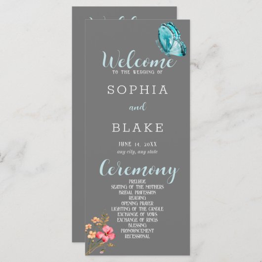 Programme de mariage gris Papillon Bleu jolie (Devant / Derrière)