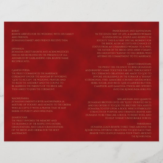 Programme de mariage hindou Peacock rouge et or (Dos)