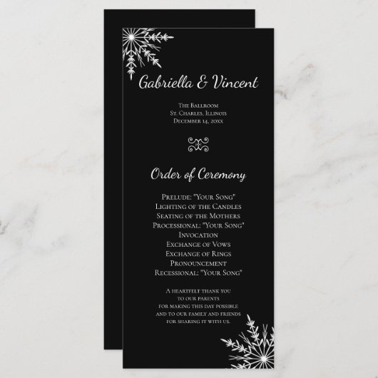 Programme de mariage hivernal des flocons de neige (Devant / Derrière)