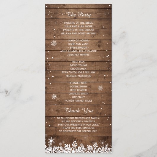 Programme de mariage hivernal Rustic Wood Snowflak (Dos)