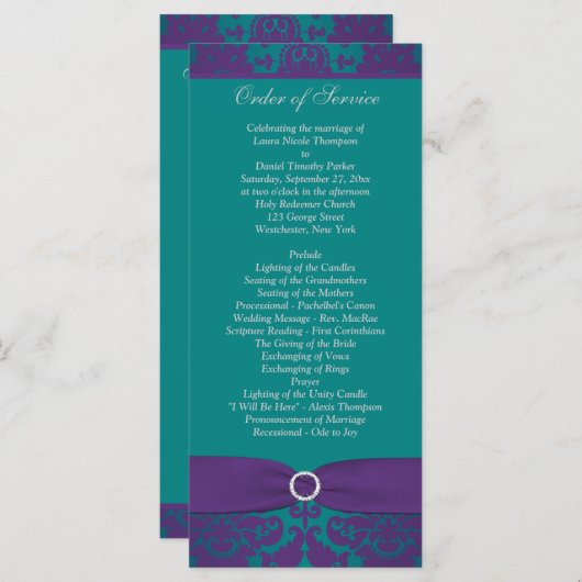 Programme de mariage | IMPRIMÉ RIBBON violet, Turq (Devant / Derrière)