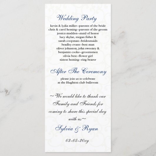 programme de mariage ivoire et bleu royal (Dos)