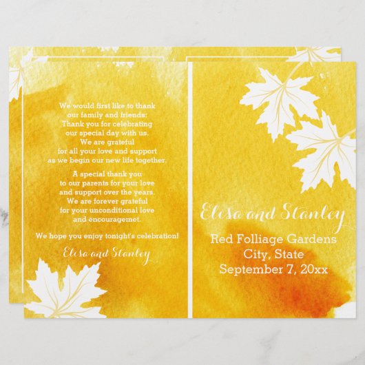 Programme de mariage jaune d'aquarelle moderne (Devant / Derrière)