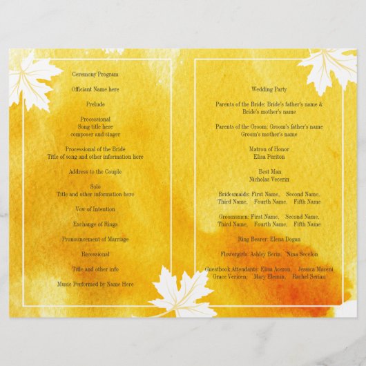 Programme de mariage jaune d'aquarelle moderne (Dos)