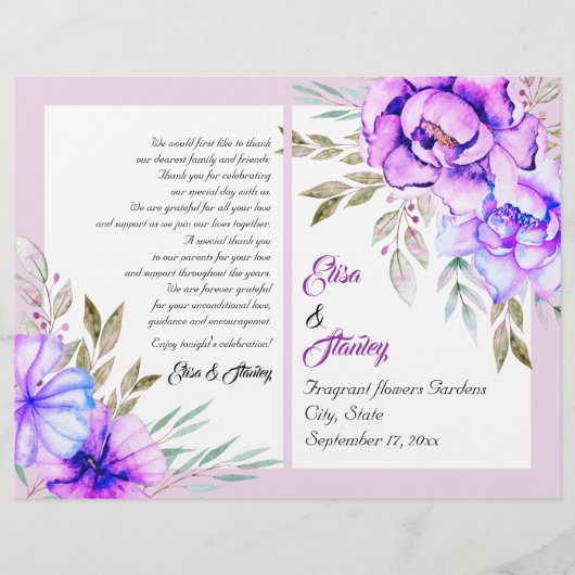 Programme de mariage lilas des fleurs d'aquarelle  (Devant)