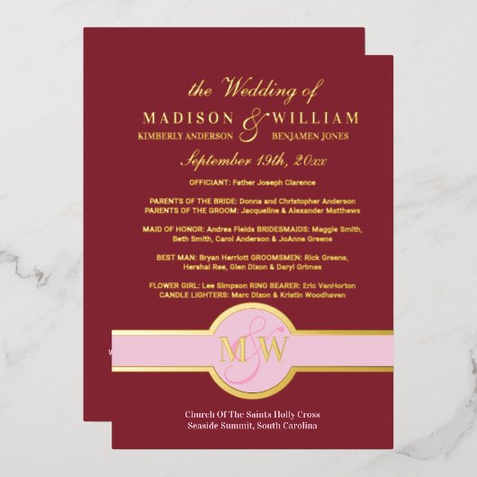 Programme de mariage Luxe Monogramme Bordeaux Or (Recto/Verso)