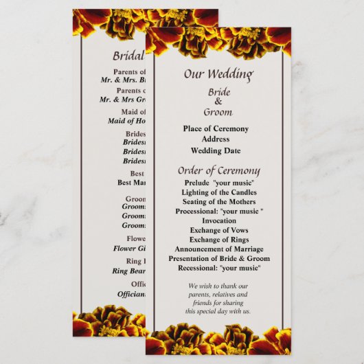 Programme de Mariage Marigold français unique (Devant / Derrière)