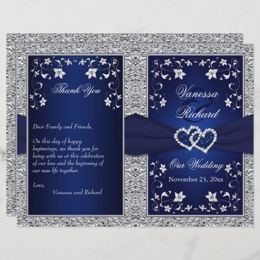 Programme de mariage | Marine, Flore argentée, Coe (Devant / Derrière)