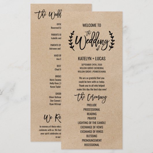 Programme de mariage mémorial de calligraphie Rust (Devant / Derrière)