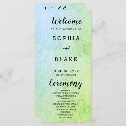 Programme de mariage métallique vert et bleu et fl (Devant / Derrière)