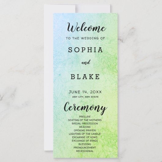 Programme de mariage métallique vert et bleu et fl (Devant)