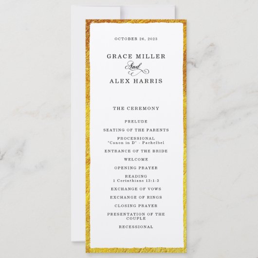 Programme de mariage mince de bordure en or (Devant)