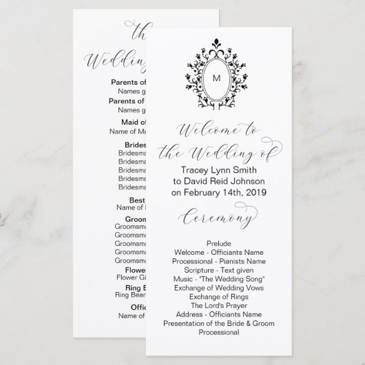 Programme de mariage minimal avec initiale de mono (Devant / Derrière)